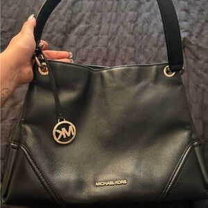 Michael Kors Black Leather Shoulder Bag with Gold Accents